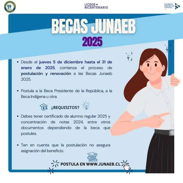 📢 ¡Atención estudiantes y apoderados/as de ICBV!

💡 Desde el 5 de diciembre comienza la postulación o renovación de las Becas de Mantención #JUNAEB 💪. Recuerda que la postulación y envío de documentos no asegura la asignación de la beca.

👉 ¿Cúales son las becas que puedo postular?
✅ Beca Indígena
✅ Beca Residencia Indígena
✅ Beca Presidente de la República

🤔 ¿Cuáles son los requisitos?
Revisa los requisitos y documentos que se deben presentar en el portal oficial: https://portalbecas.junaeb.cl/.

👉 Si tienes dudas, ¡escríbenos! Manda un mensaje con tu solicitud y datos (nombre, RUT, carrera) al correo del Trabajador Social: brayanreyes@comeduc.cl ✅

⏳ ¿Hasta cuándo puedes postular?
Tienes plazo hasta el 30 de enero de 2025. ¡No dejes pasar esta oportunidad!

Muchas gracias,
Saludos,
#ICBV #BecasJunaeb

@icbvina @comeduc #SomosComeduc #comunidadinsuco2024